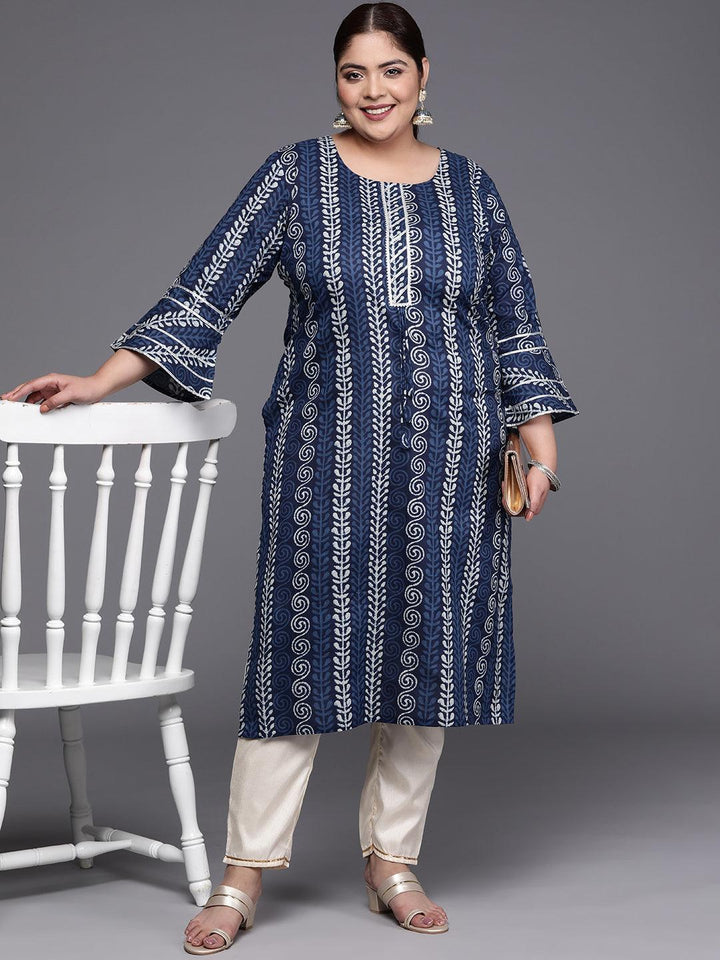 Plus Size Blue Printed Cotton Straight Kurta
