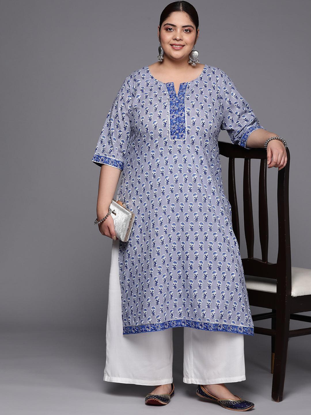 Plus Size Blue Printed Cotton Straight Kurta - ShopLibas 