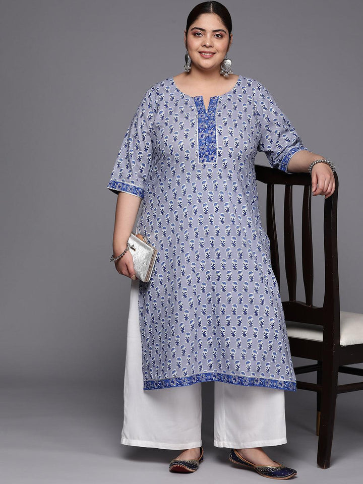 Plus Size Blue Printed Cotton Straight Kurta