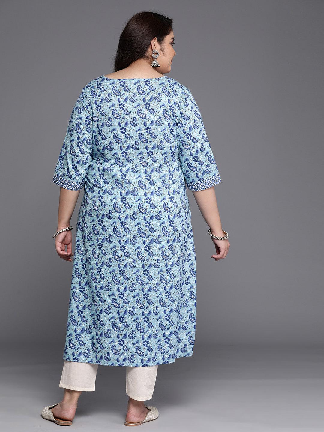 Plus Size Blue Printed Cotton Straight Kurta - Libas 