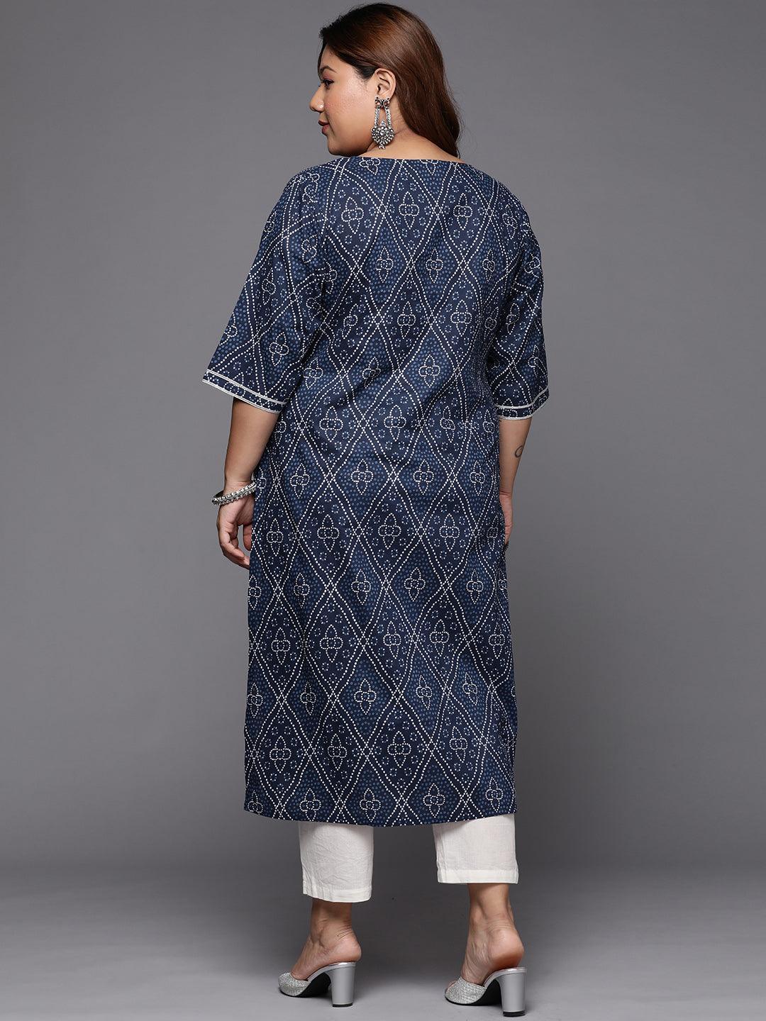 Plus Size Blue Printed Cotton Straight Kurta - ShopLibas 