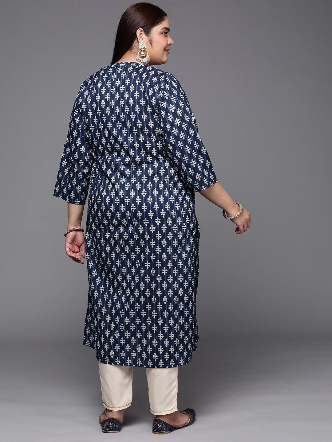 Plus Size Blue Printed Cotton Straight Kurta - ShopLibas 