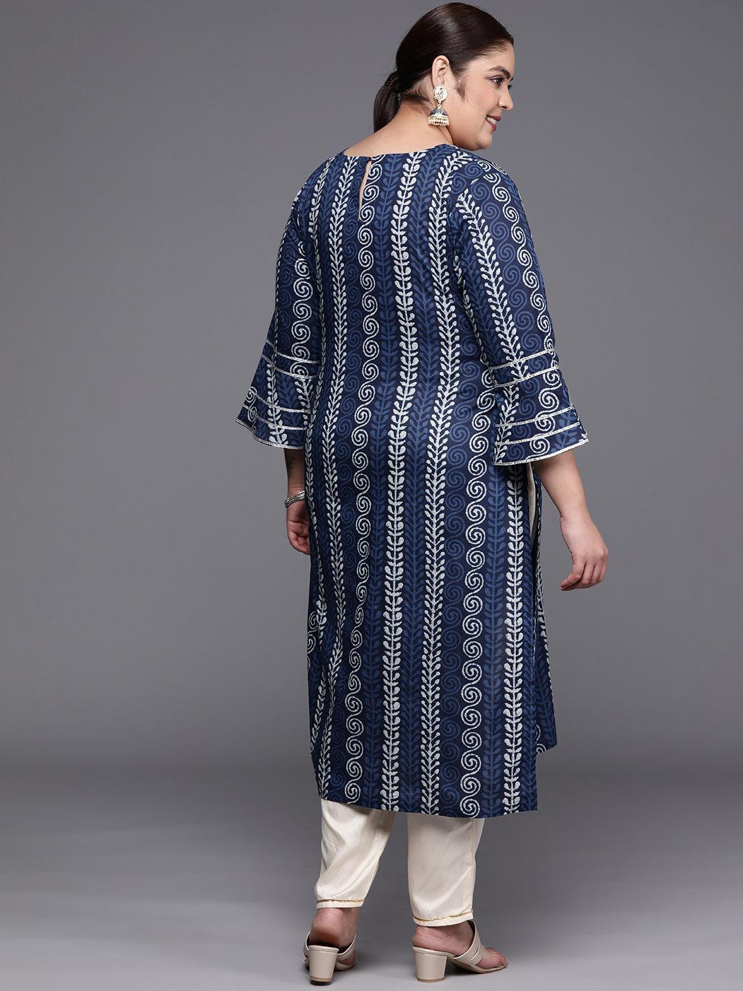 Plus Size Blue Printed Cotton Straight Kurta - ShopLibas 