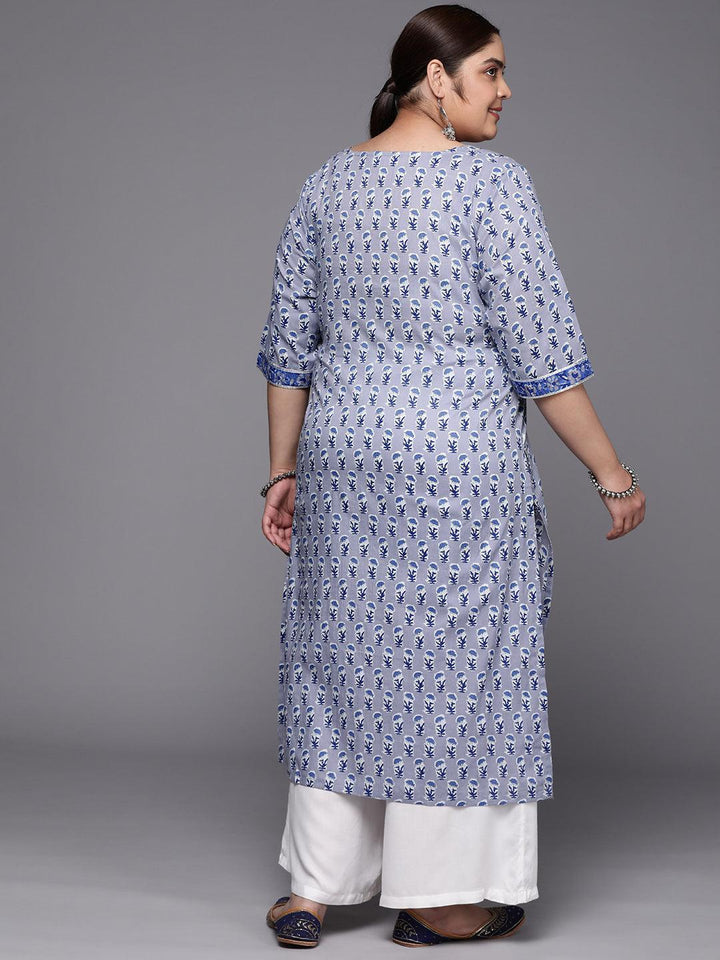 Plus Size Blue Printed Cotton Straight Kurta
