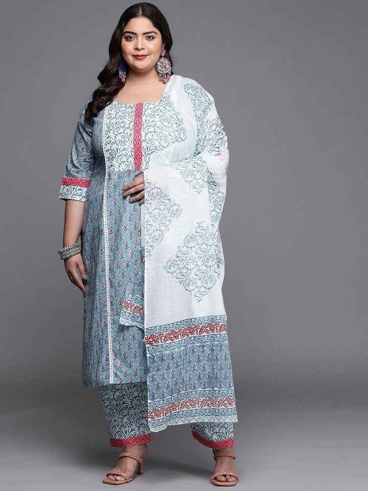 Plus Size Blue Printed Cotton Suit Set - ShopLibas