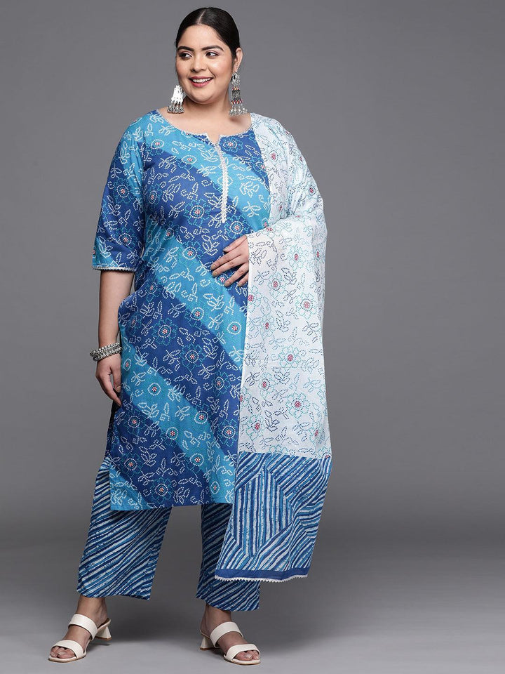 Plus Size Blue Printed Cotton Suit Set