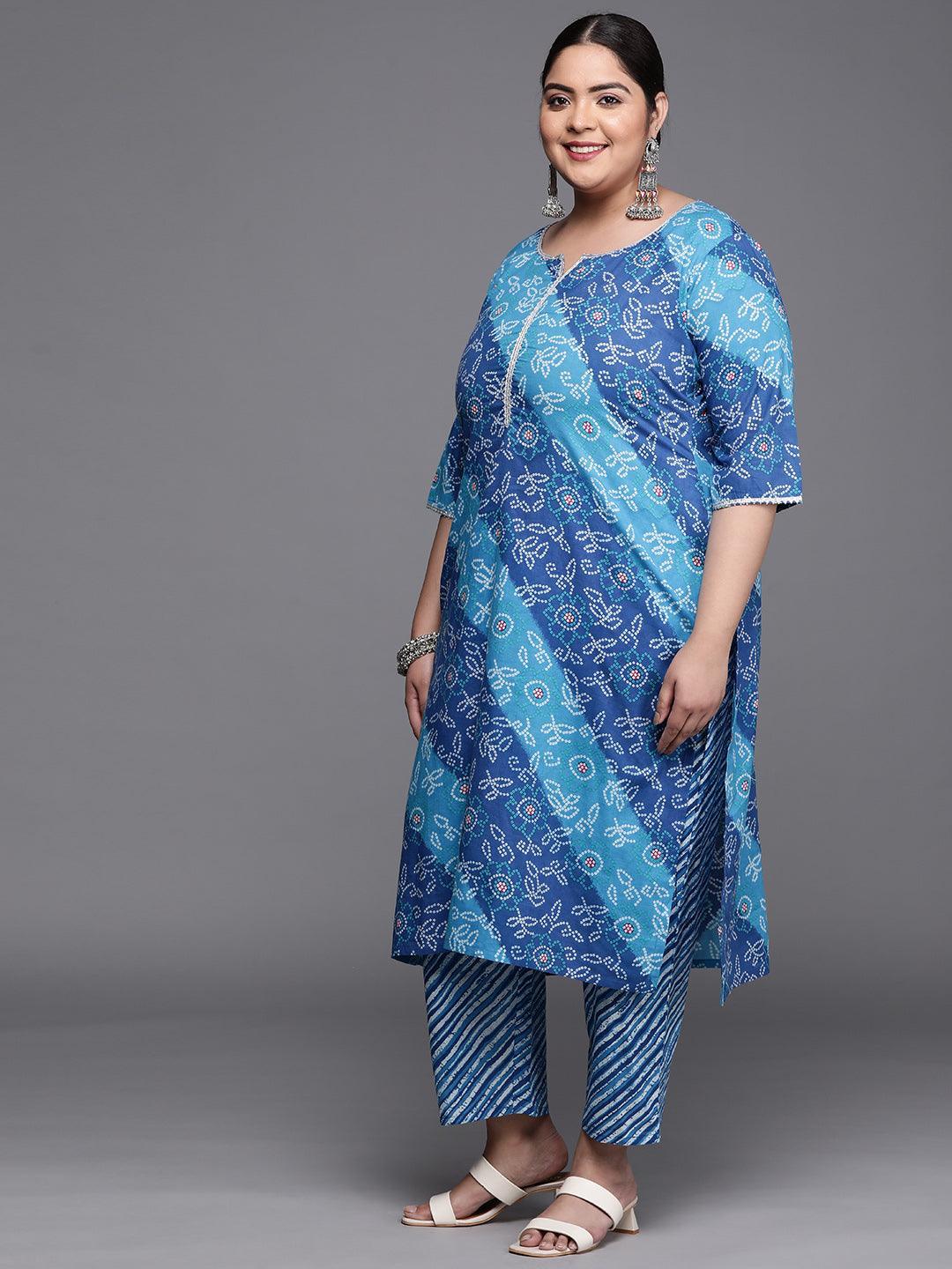Plus Size Blue Printed Cotton Suit Set - ShopLibas 