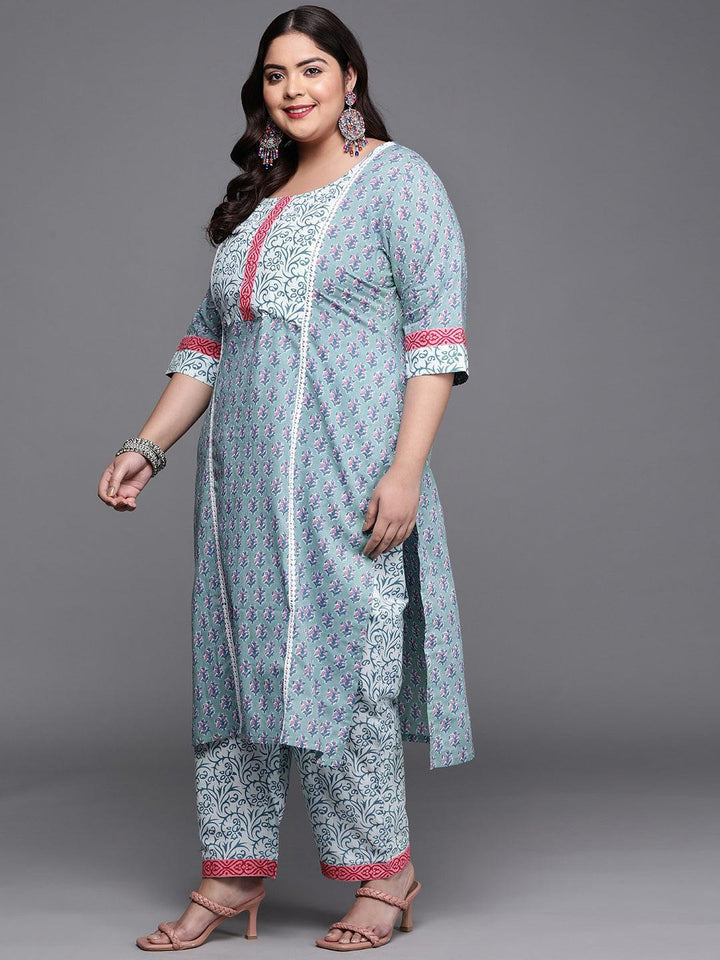 Plus Size Blue Printed Cotton Suit Set - ShopLibas
