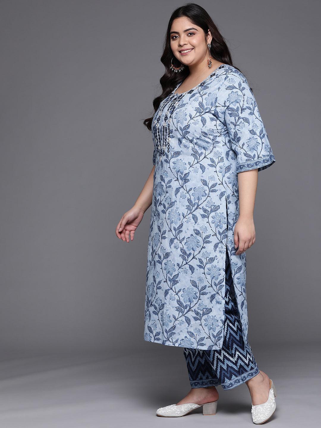 Plus Size Blue Printed Cotton Suit Set - ShopLibas 