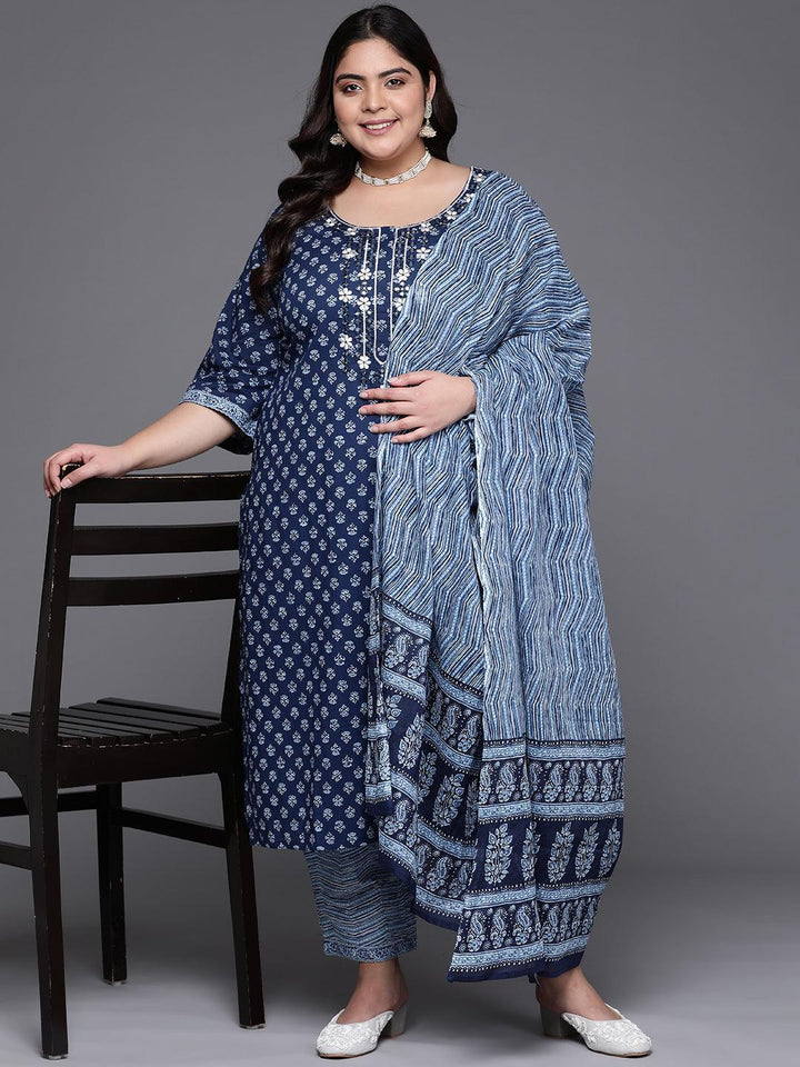 Plus Size Blue Printed Cotton Suit Set - ShopLibas