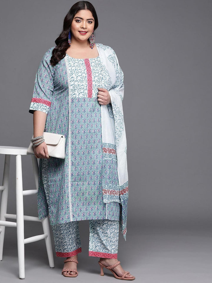 Plus Size Blue Printed Cotton Suit Set - ShopLibas