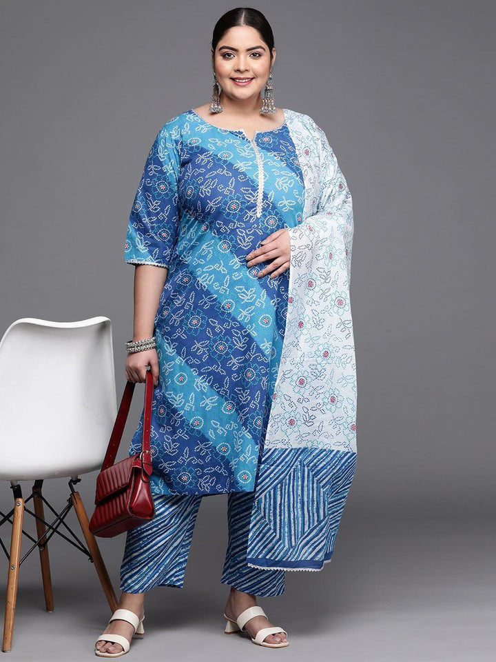 Plus Size Blue Printed Cotton Suit Set