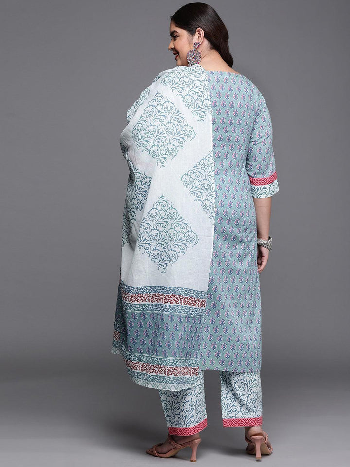 Plus Size Blue Printed Cotton Suit Set - ShopLibas