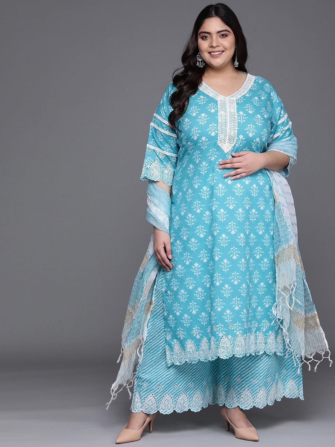 Plus Size Blue Printed Cotton Suit Set - ShopLibas