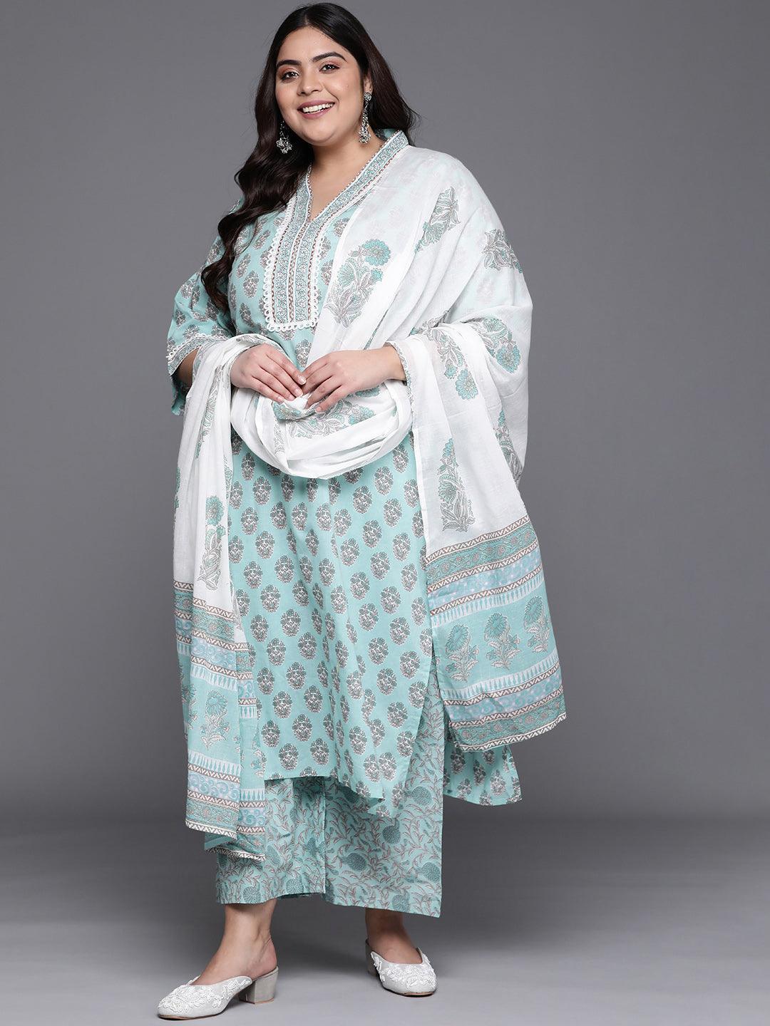 Plus Size Blue Printed Cotton Suit Set - ShopLibas