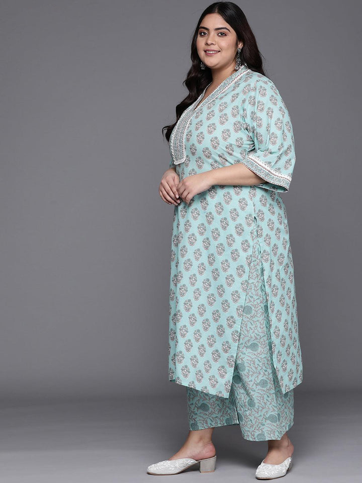 Plus Size Blue Printed Cotton Suit Set - ShopLibas