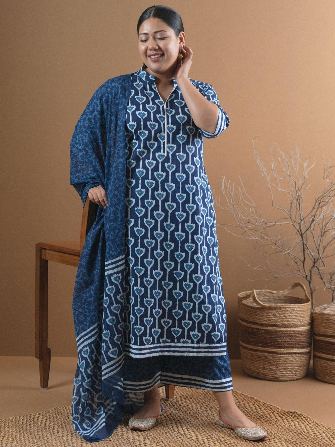 Plus Size Blue Printed Cotton Straight Suit Set - ShopLibas 