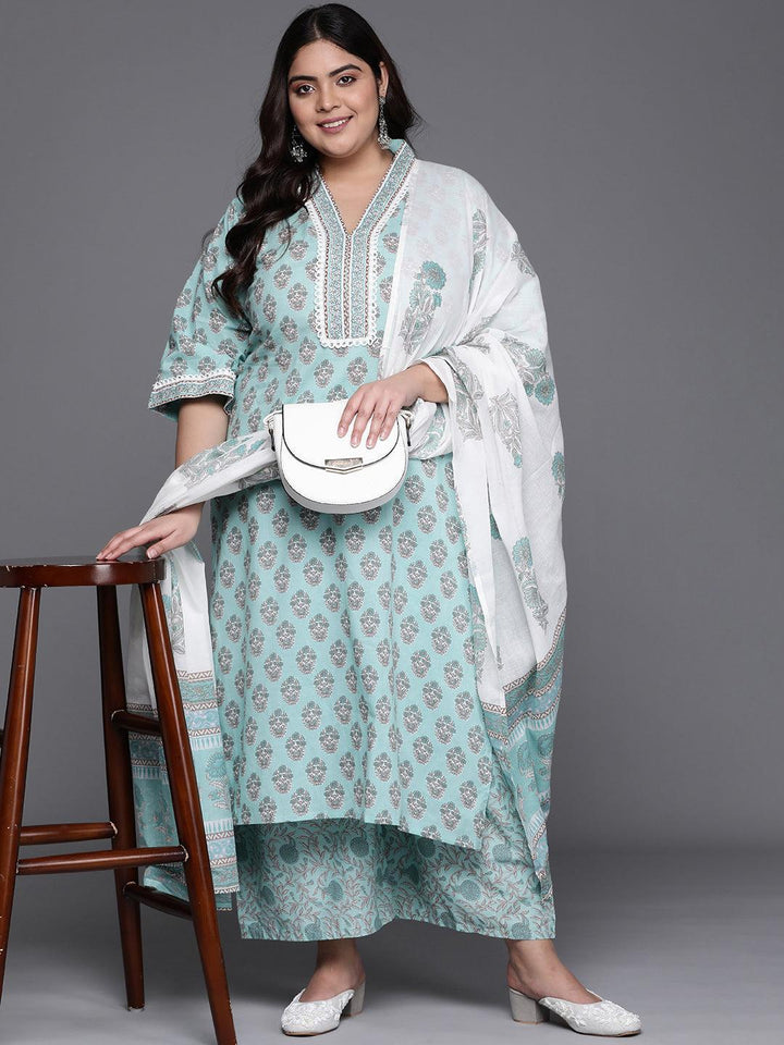 Plus Size Blue Printed Cotton Suit Set - ShopLibas