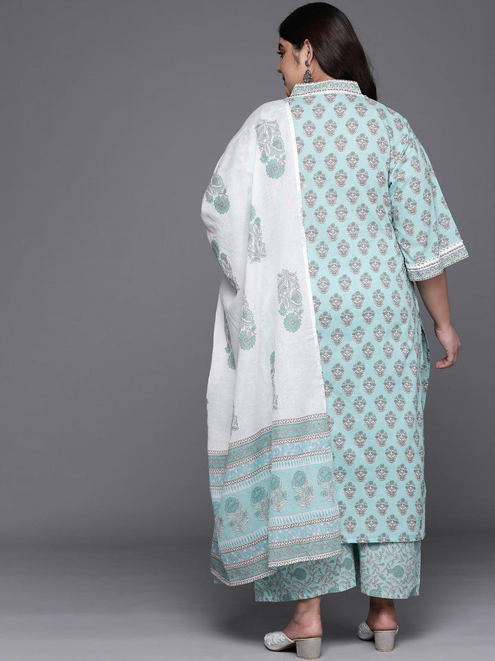 Plus Size Blue Printed Cotton Suit Set - ShopLibas