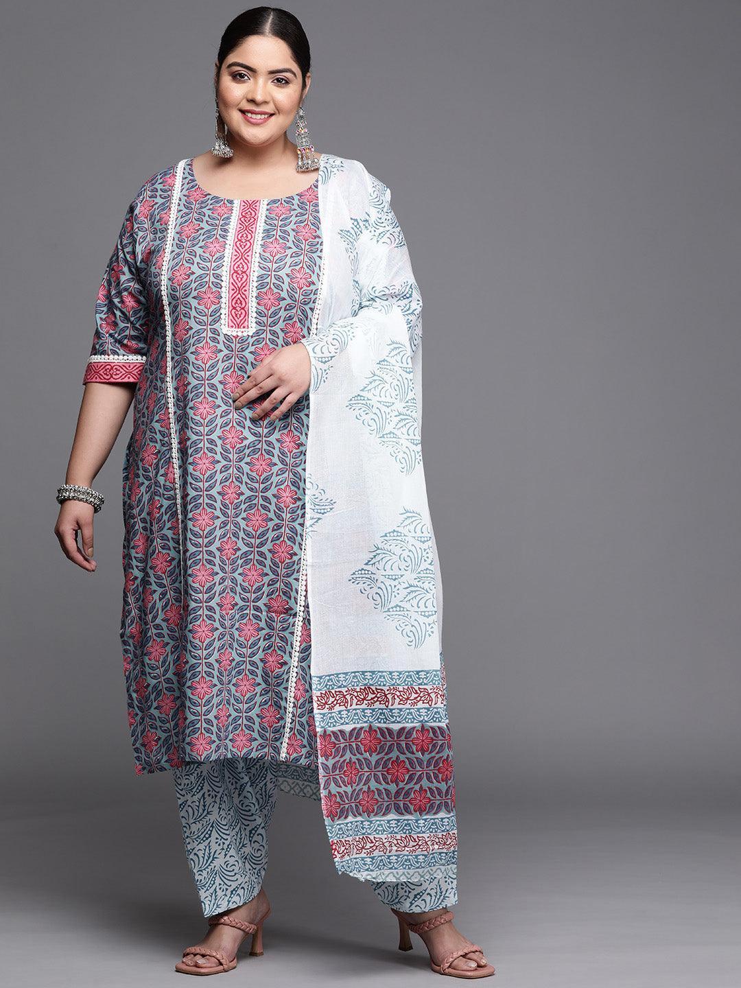 Plus Size Blue Printed Cotton Suit Set - ShopLibas