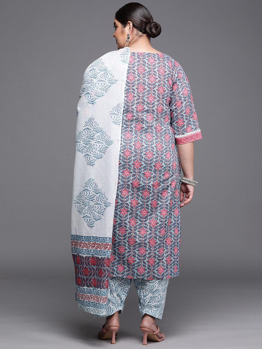 Plus Size Blue Printed Cotton Suit Set - ShopLibas