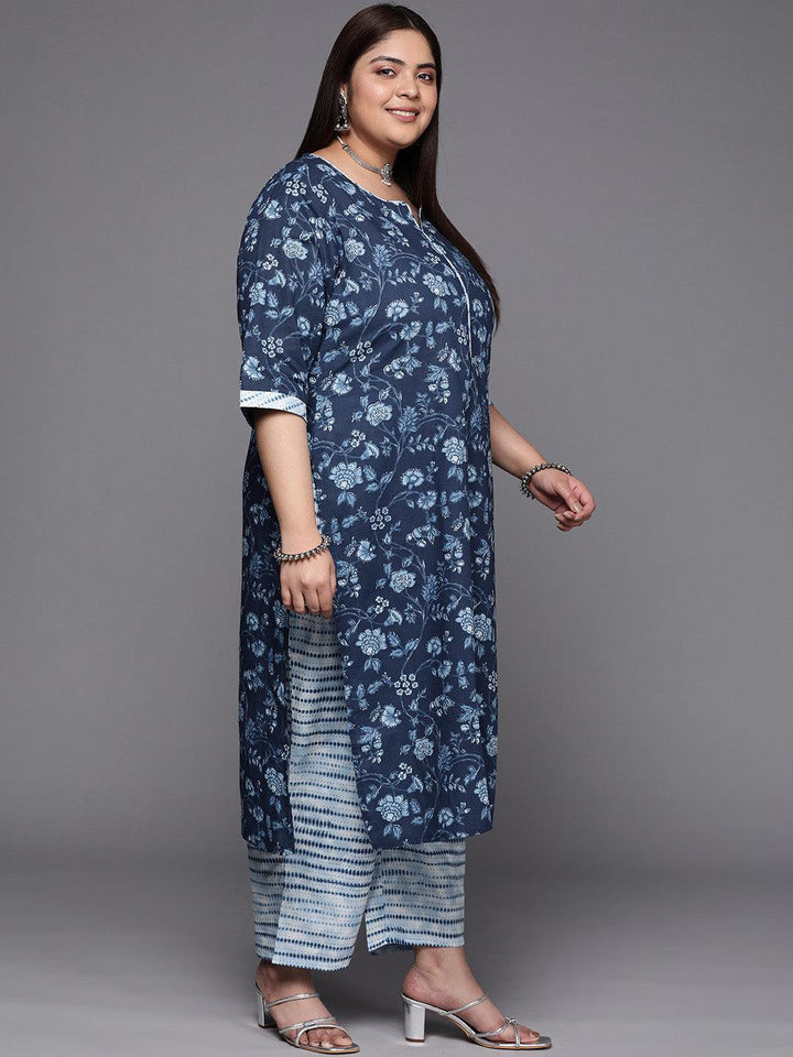 Plus Size Blue Printed Cotton Suit Set With Trousers