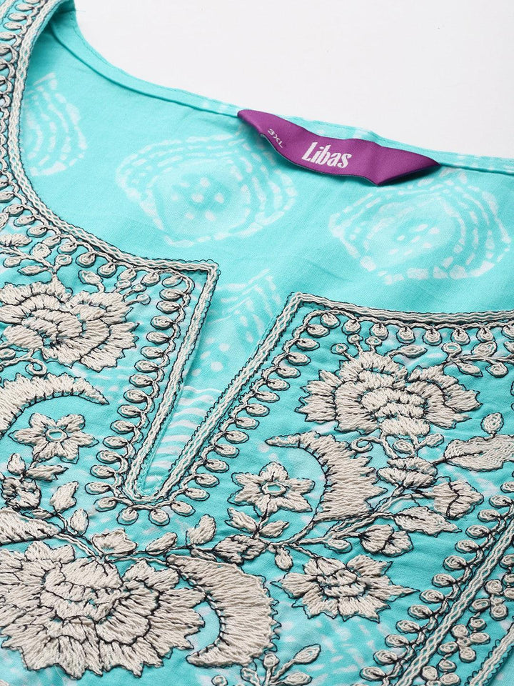 Plus Size Blue Printed Cotton Straight Kurta With Trousers & Dupatta