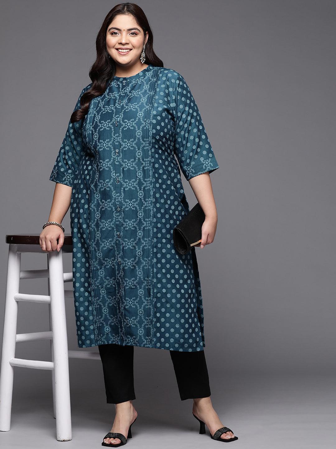 Plus Size Blue Printed Silk Straight Kurta - ShopLibas