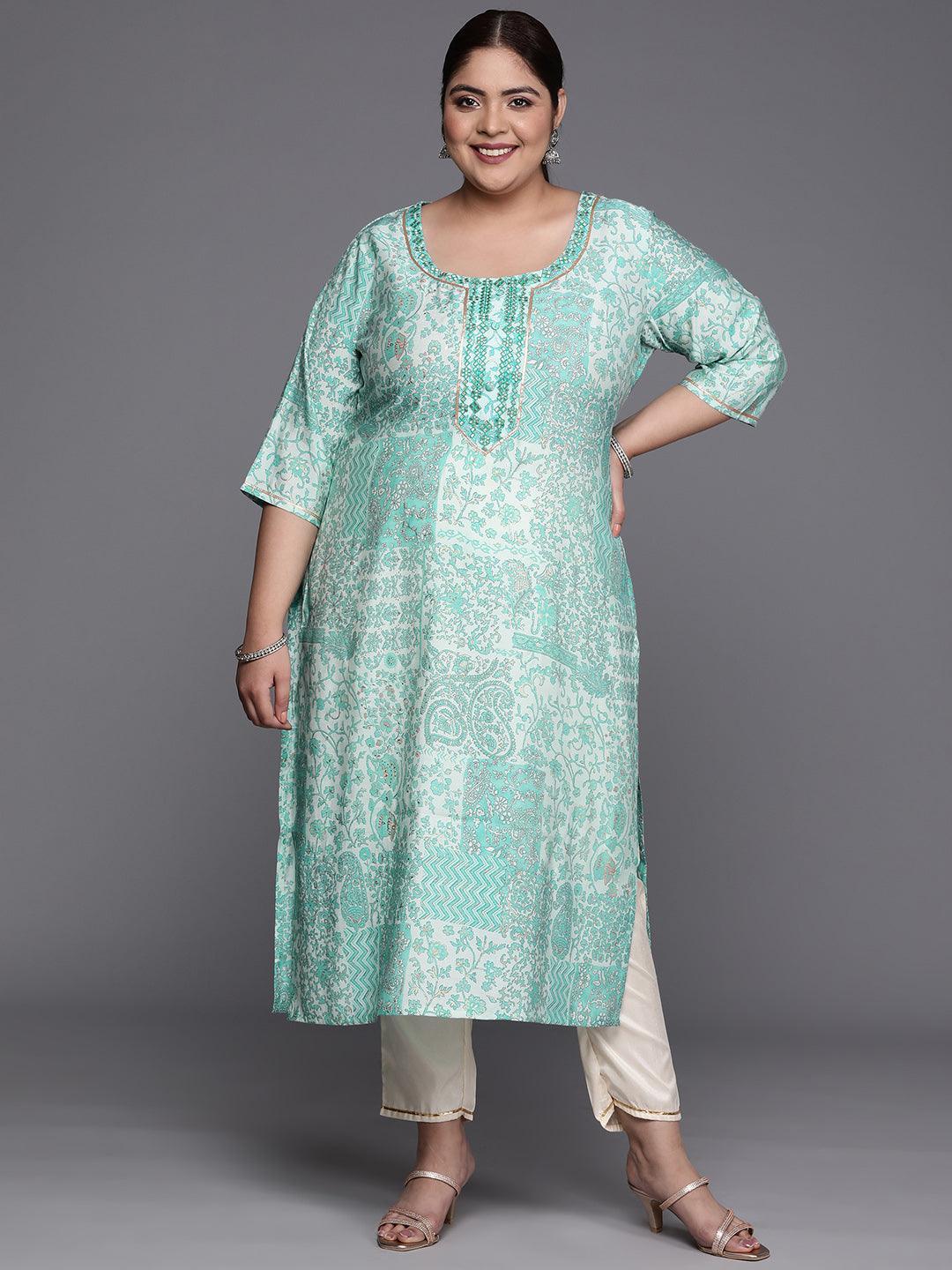 Plus Size Blue Printed Silk Straight Kurta - ShopLibas