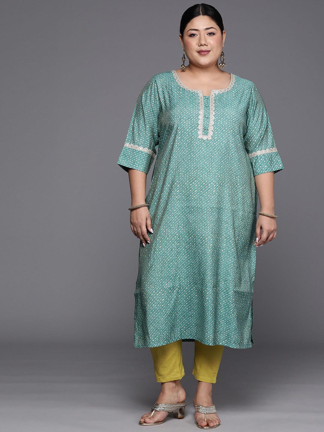 Plus Size Blue Printed Silk Straight Kurta - ShopLibas