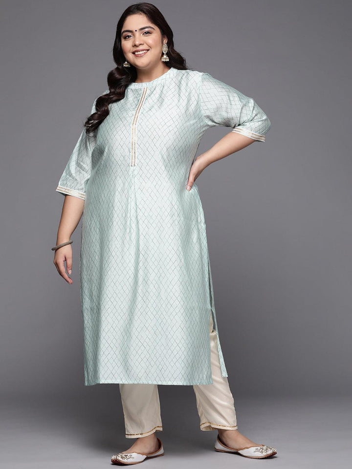 Plus Size Blue Printed Silk Straight Kurta - ShopLibas