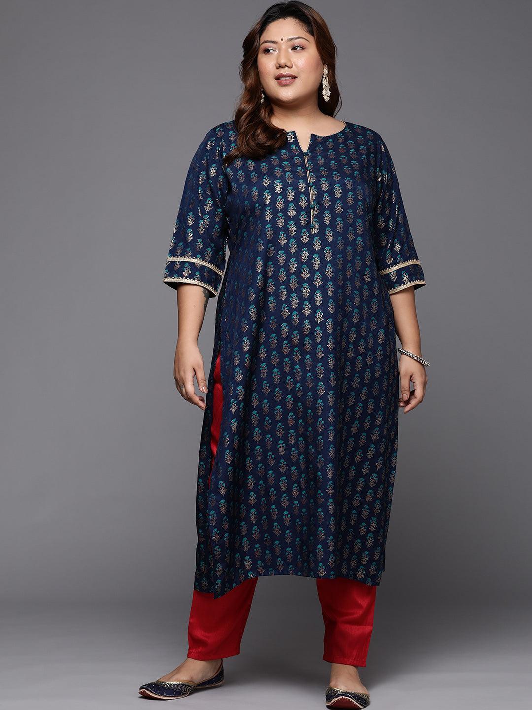 Plus Size Blue Printed Silk Straight Kurta - ShopLibas