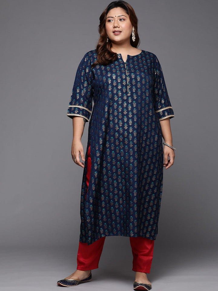 Plus Size Blue Printed Silk Straight Kurta - ShopLibas