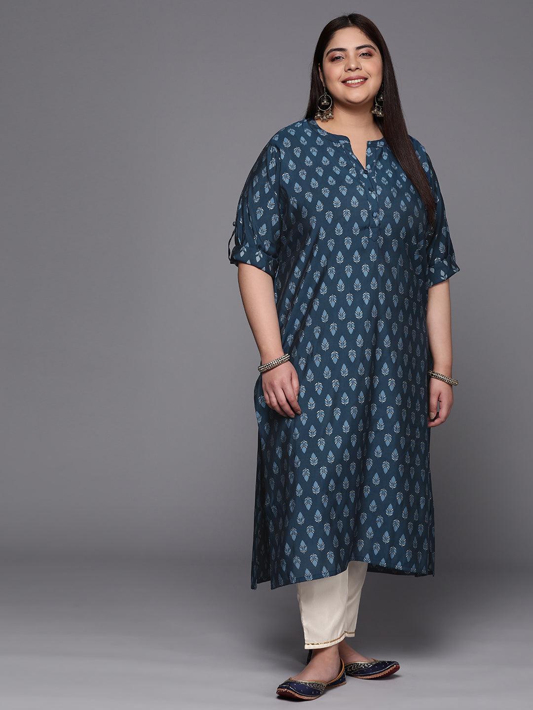 Plus Size Blue Printed Silk Straight Kurta - ShopLibas