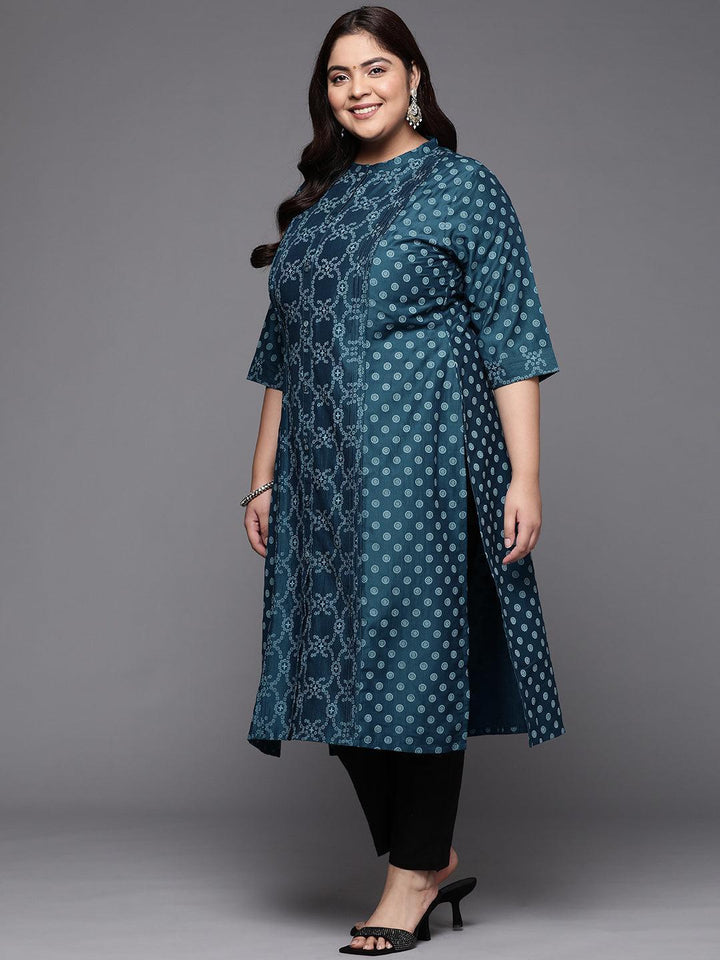 Plus Size Blue Printed Silk Straight Kurta - ShopLibas