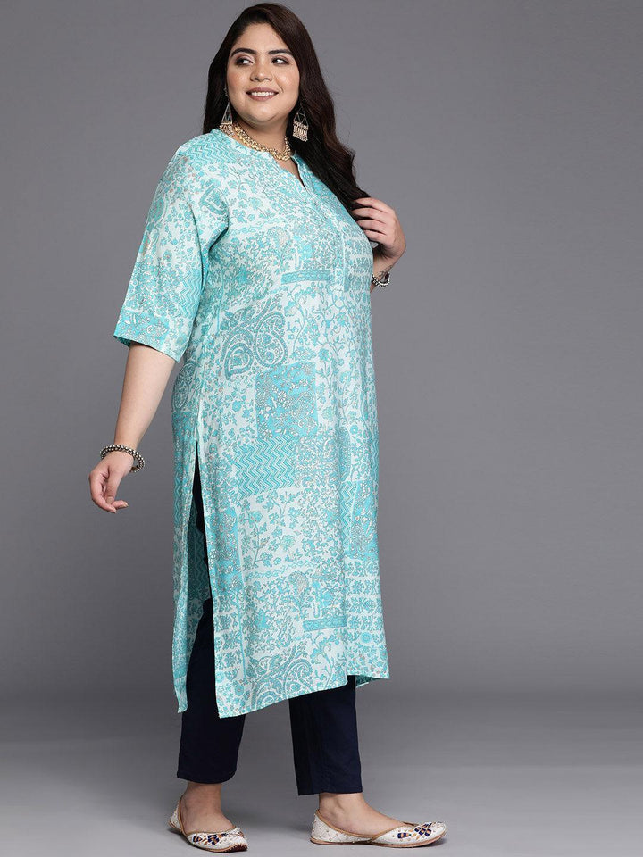 Plus Size Blue Printed Silk Straight Kurta