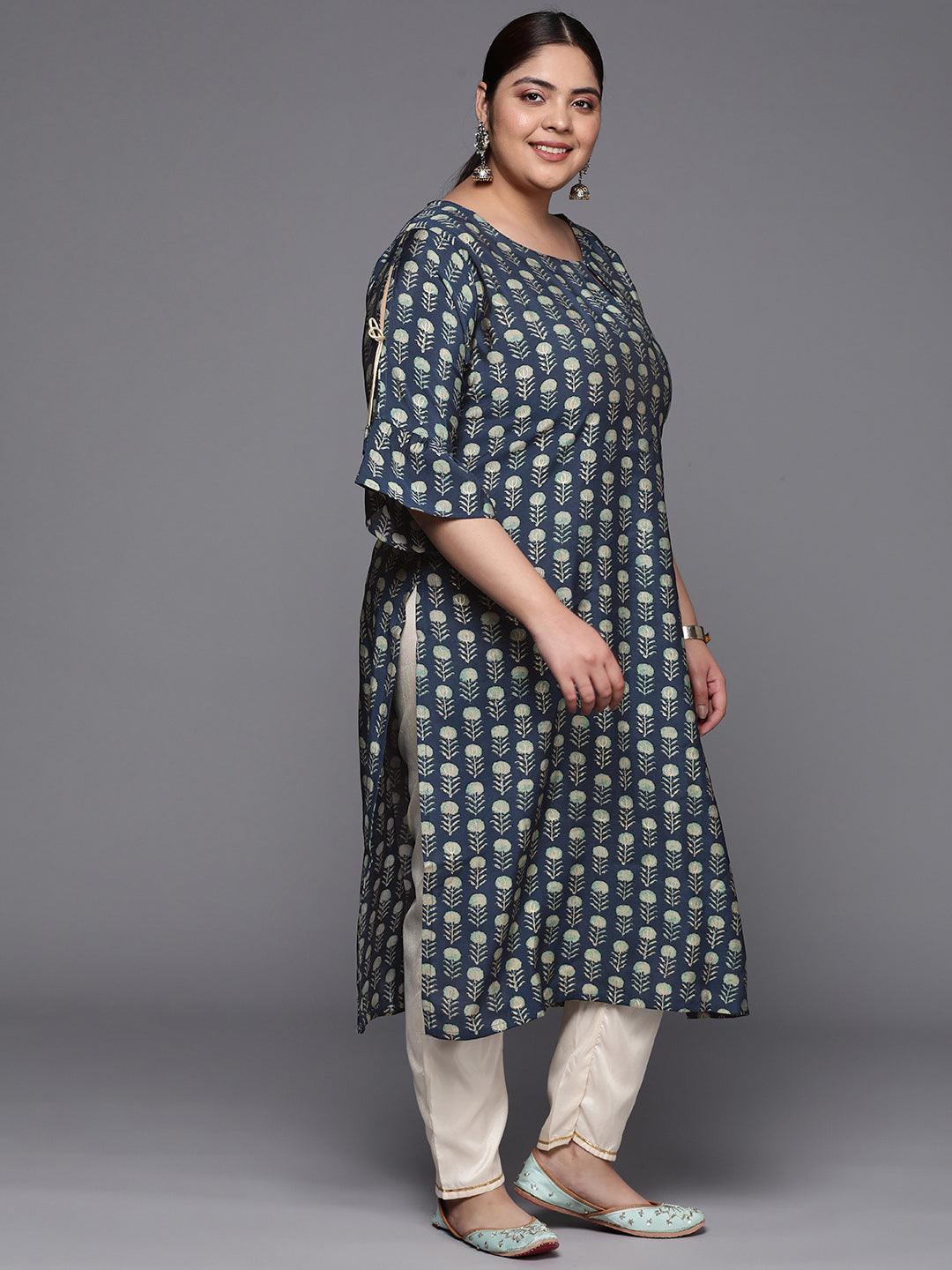 Plus Size Blue Printed Silk Straight Kurta - ShopLibas 