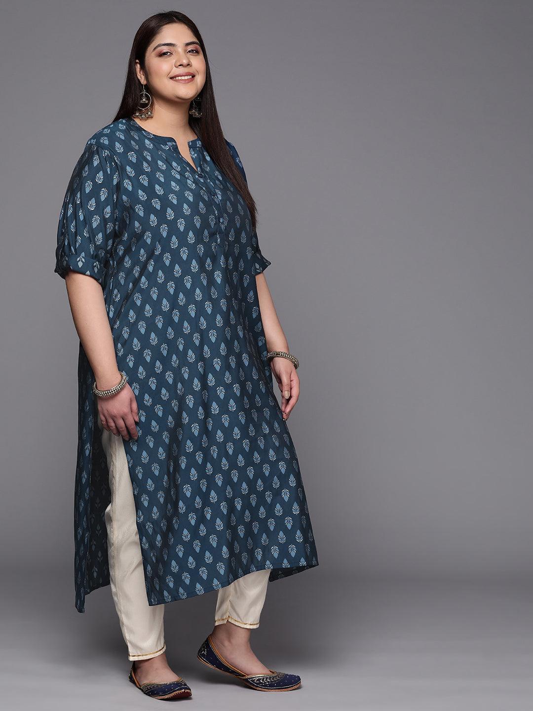 Plus Size Blue Printed Silk Straight Kurta - ShopLibas 