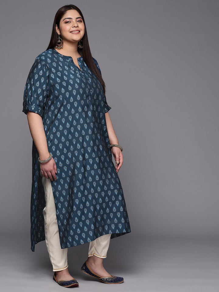 Plus Size Blue Printed Silk Straight Kurta