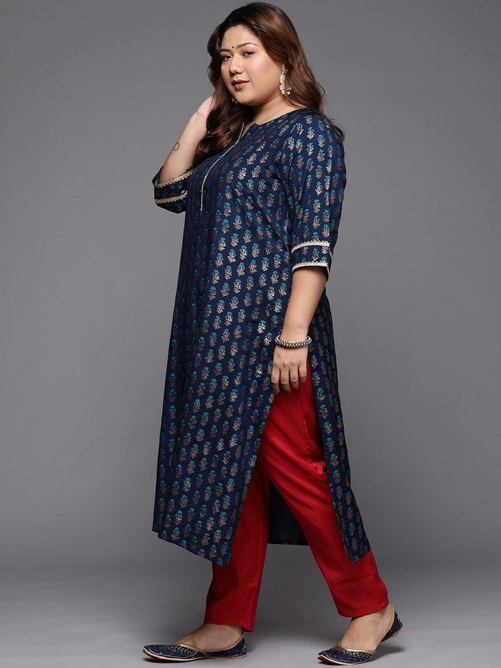 Plus Size Blue Printed Silk Straight Kurta - ShopLibas