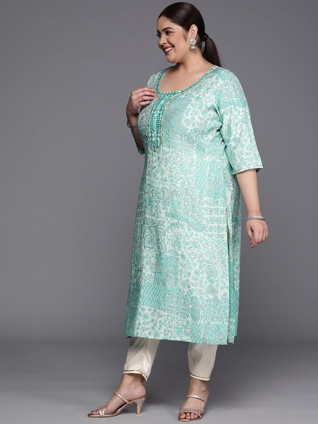 Plus Size Blue Printed Silk Straight Kurta - ShopLibas 