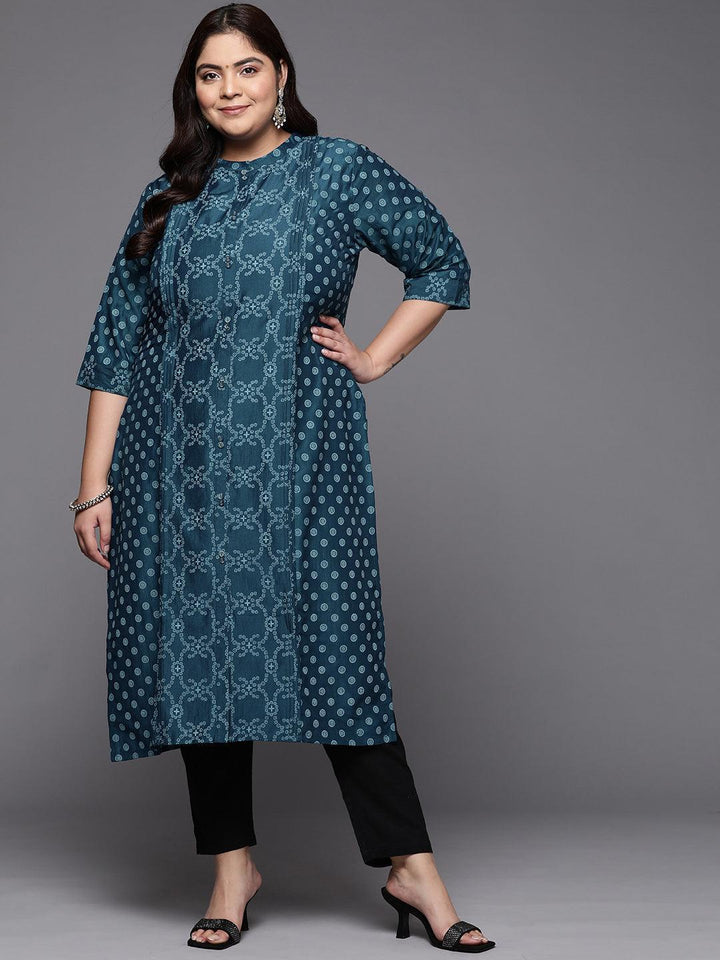 Plus Size Blue Printed Silk Straight Kurta - ShopLibas