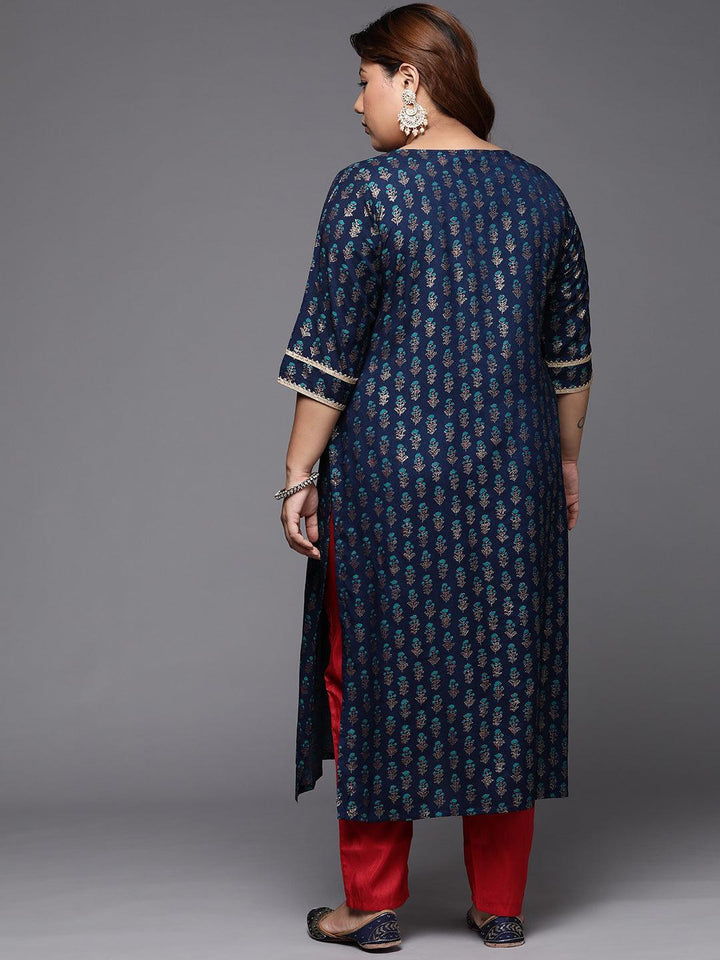 Plus Size Blue Printed Silk Straight Kurta - ShopLibas