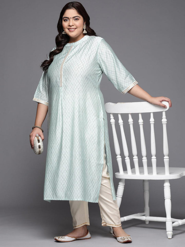 Plus Size Blue Printed Silk Straight Kurta - ShopLibas