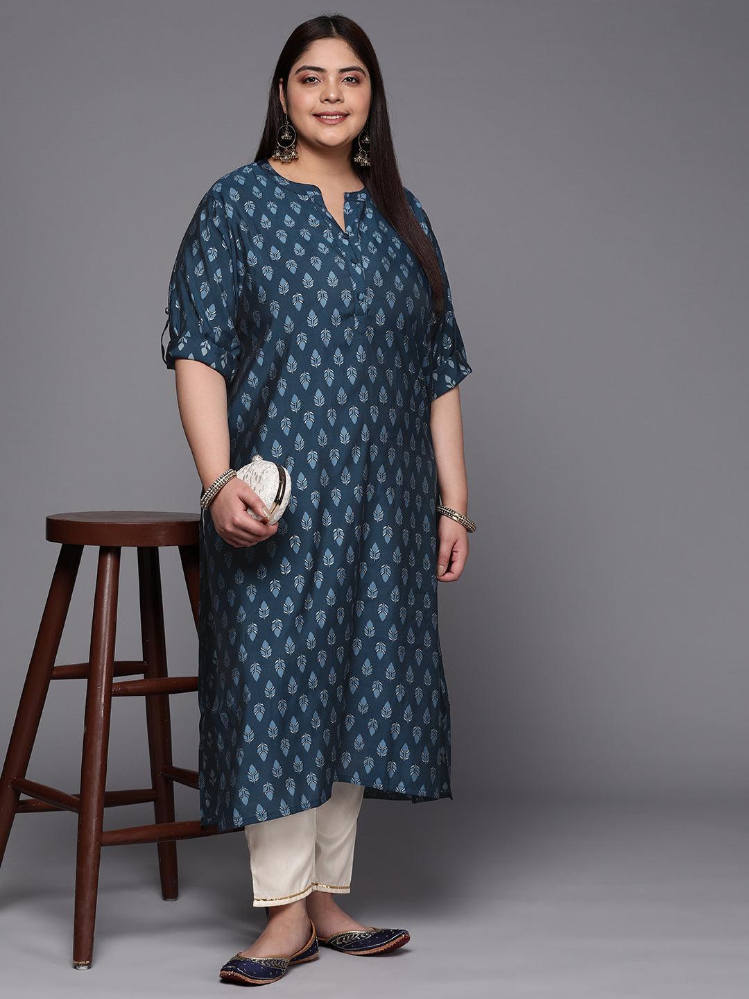 Plus Size Blue Printed Silk Straight Kurta - ShopLibas 