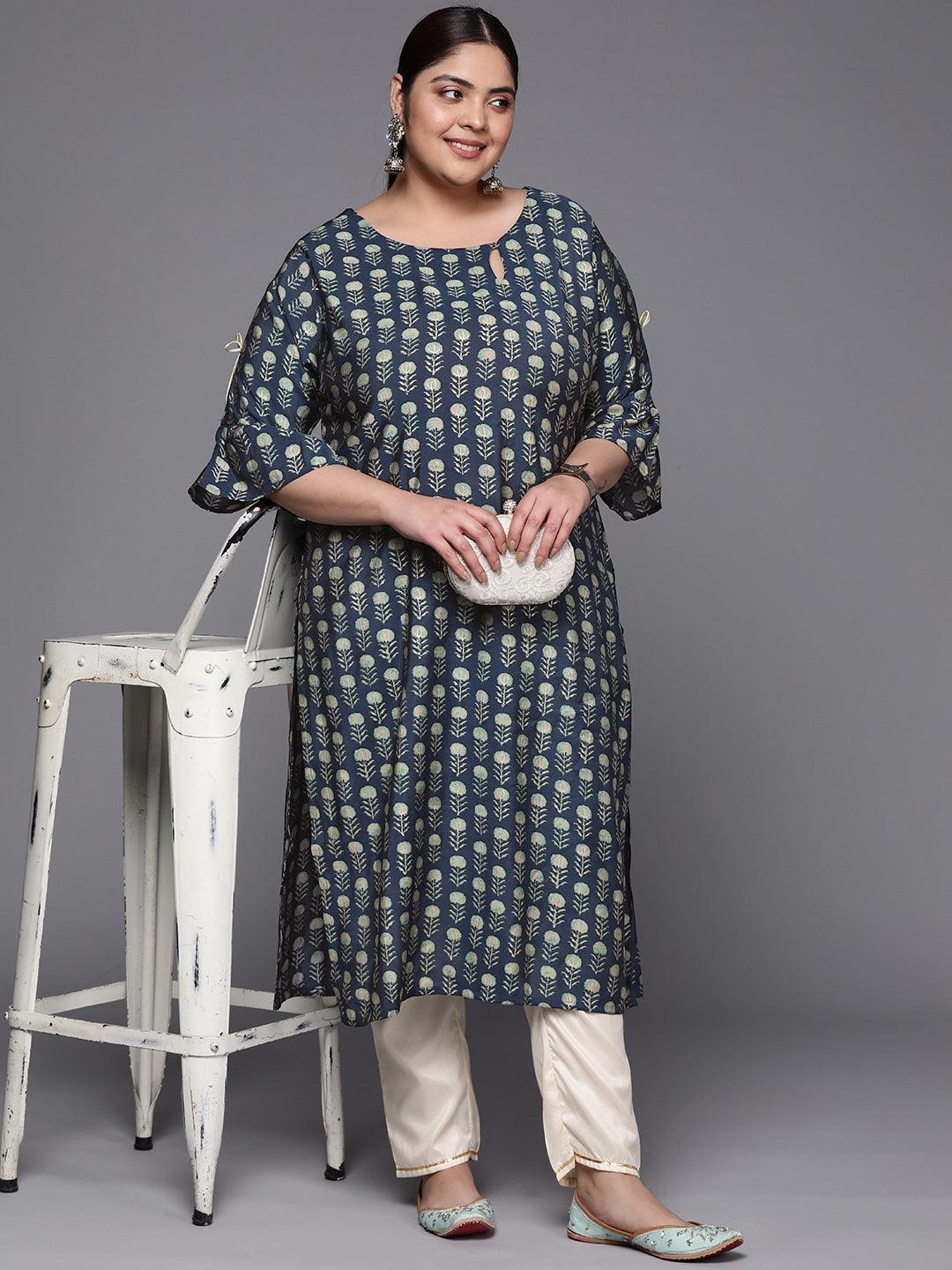 Plus Size Blue Printed Silk Straight Kurta - ShopLibas 