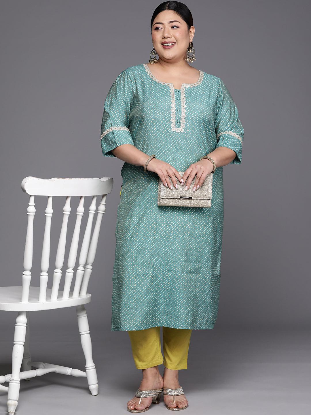 Plus Size Blue Printed Silk Straight Kurta - ShopLibas 