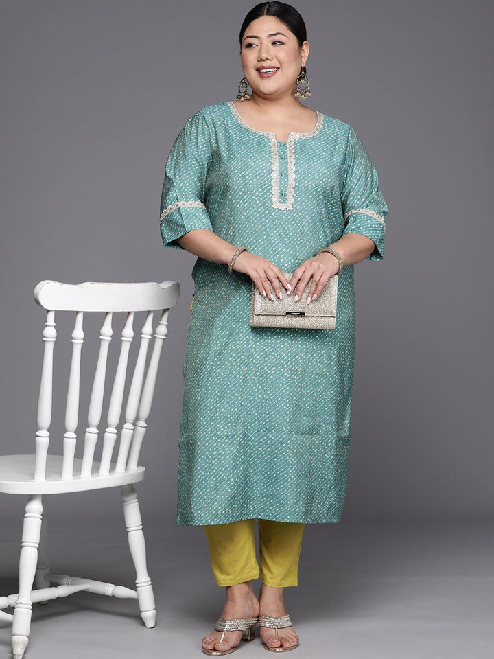 Plus Size Blue Printed Silk Straight Kurta