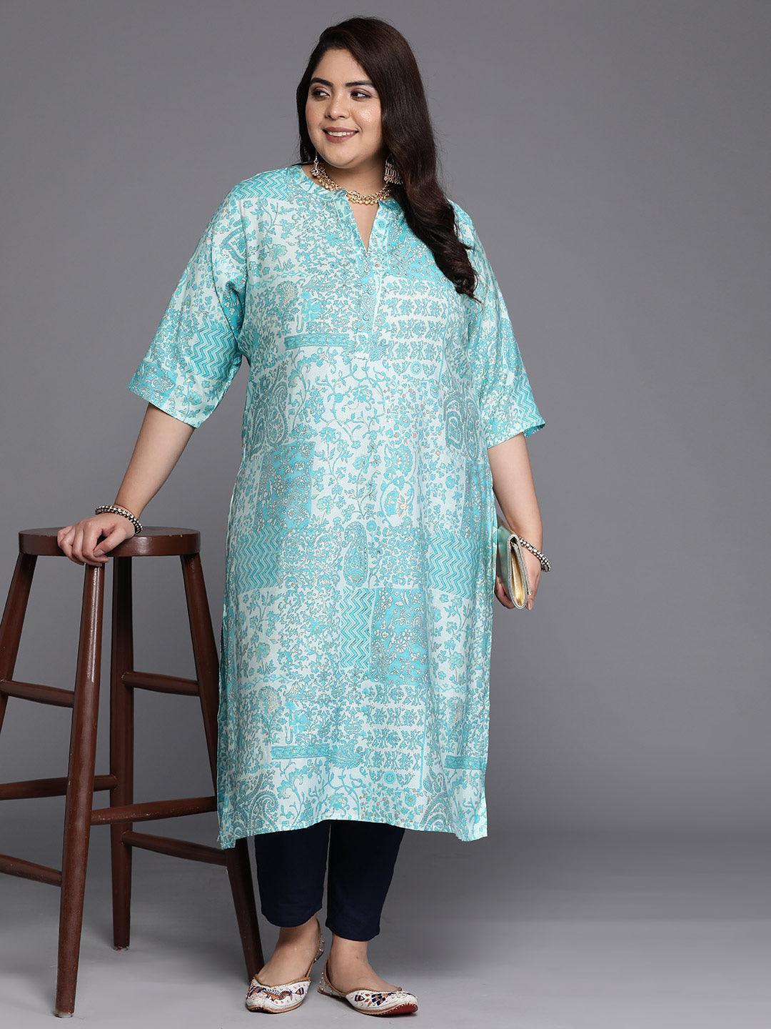 Plus Size Blue Printed Silk Straight Kurta - Libas 