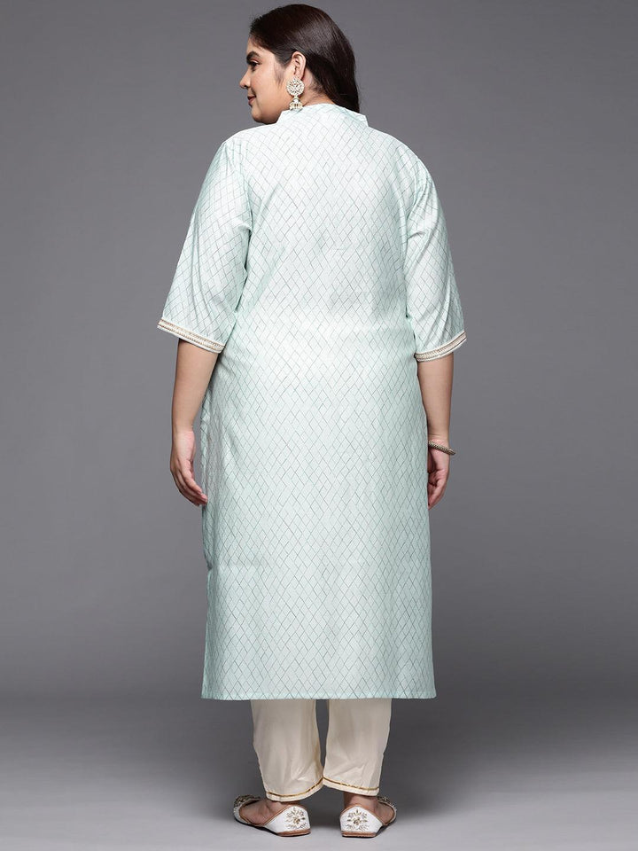 Plus Size Blue Printed Silk Straight Kurta - ShopLibas